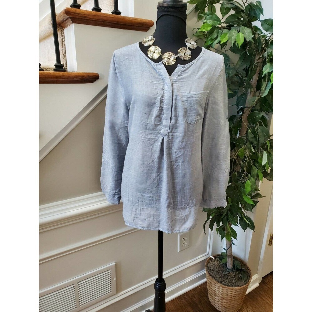 Just Living Women's Solid Gray Polyester Henley Neck Long Sleeve Casual Shirt S